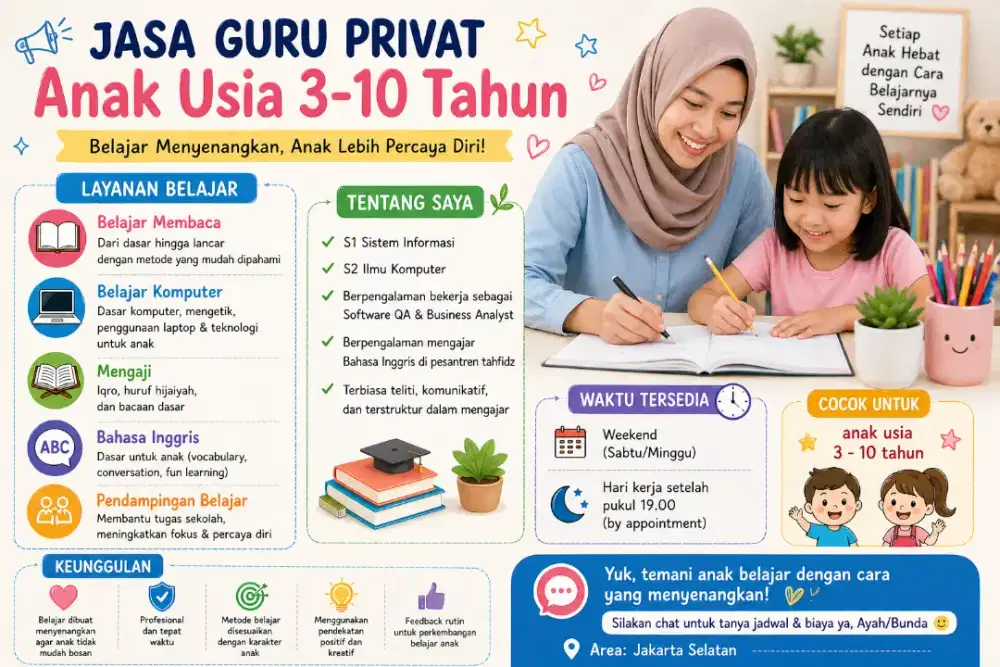 Les Privat Anak 3–10 Tahun Jakarta Selatan |Membaca, Komputer, Mengaji