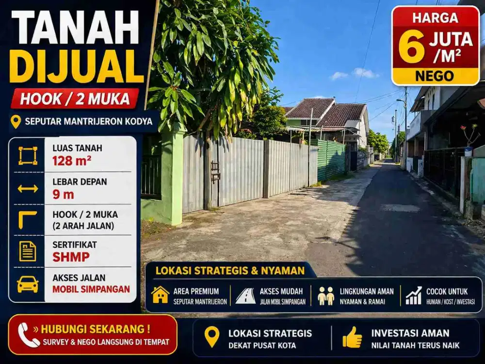 Tanah Hook 2 Muka 128m² SHMP Murah! Akses Mobil Simpangan – Mantrijeron Kota