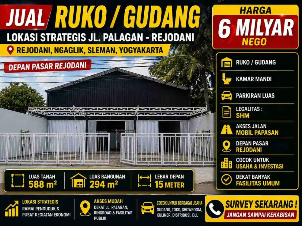 Ruko/Gudang Strategis Palagan Depan Pasar Rejodani 588m² SHM Parkir Luas