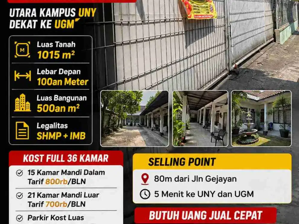 Tanah 1015m² Bonus Kost 36 Kamar Utara UNY Dekat UGM – Harga Banting!