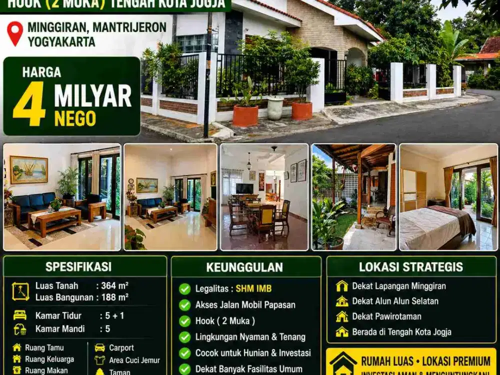 Rumah Hook Tengah Kota Jogja 364m² SHM Minggiran Dekat Alun-Alun Selatan