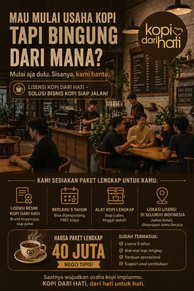 JUAL LISENSI KOPI DARI HATI – LOKASI JAKARTA, SIAP USAHA, 40JT NEGO!