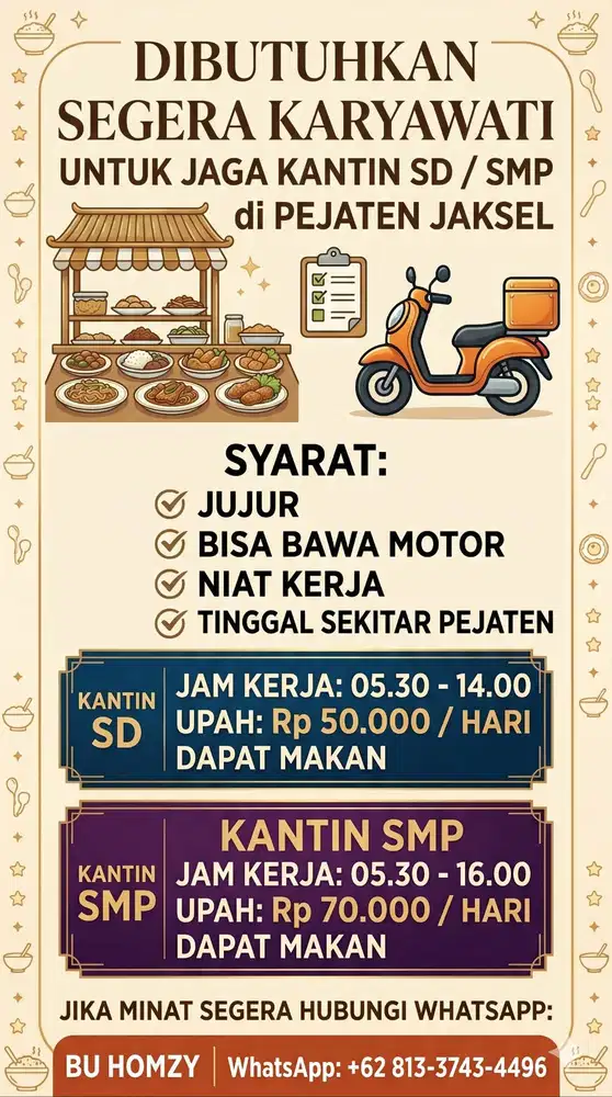dibutuhkan segera KARYAWATI untuk jaga kantin SD / SMP di PEJATEN