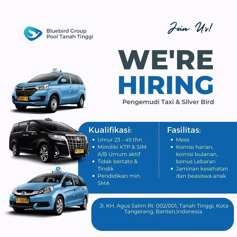 Lowongan Supir Online Taksi Bluebird Pool Tanah Tinggi Banten
