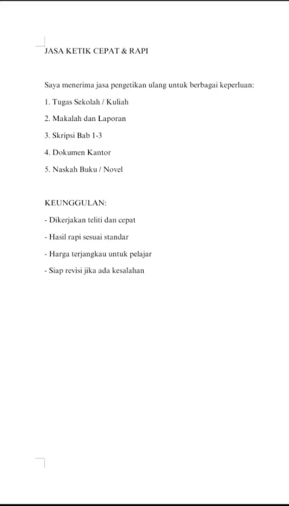 JASA KETIK RAPI CEPAT dan MURAH -PDF WORD-12RB/LEMBAR  (BLITAR)