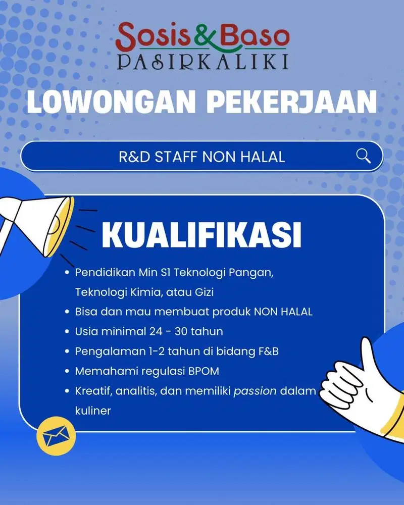 Dicari R&D berpengalaman NON HALAL