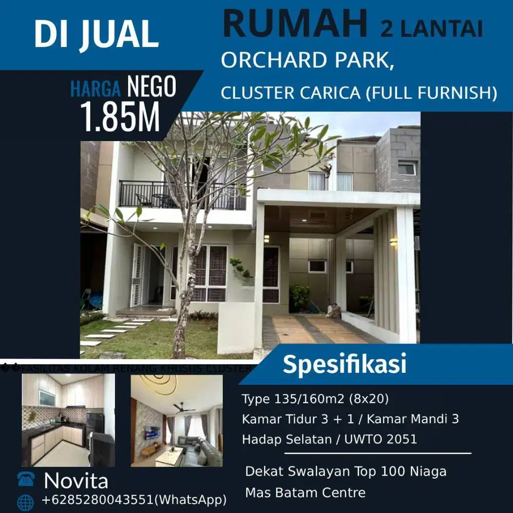 Rumah 2Lantai Orchard Park, Cluster Carica (Full Furnish) - Batam Cent