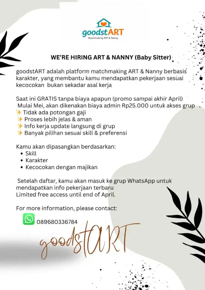 Lowongan ART/Nanny/Lansia – Tanpa Potongan Gaji (GoodstART)