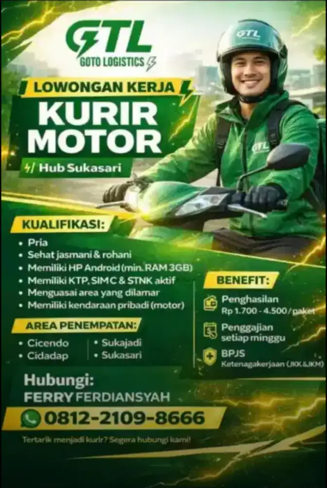 Dibutuhkan Kurir untuk area, Cicendo-Cidadap-Sukajadi-Sukasari,