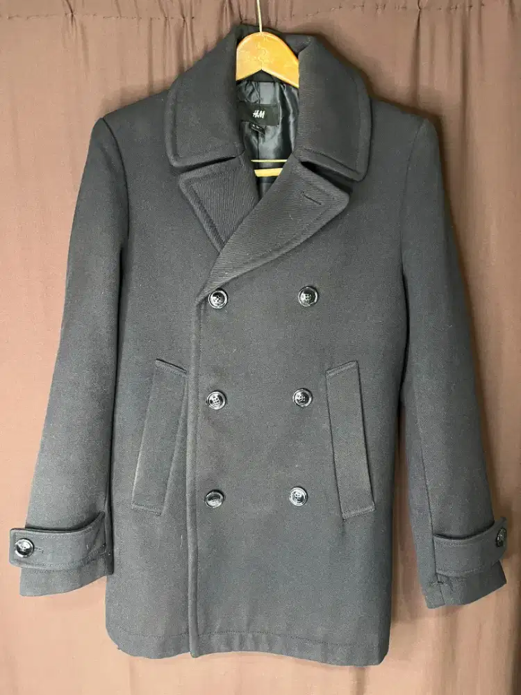H&M Double Breasted Peacoat Black Wool Blend EUR 44 US 34R Preloved