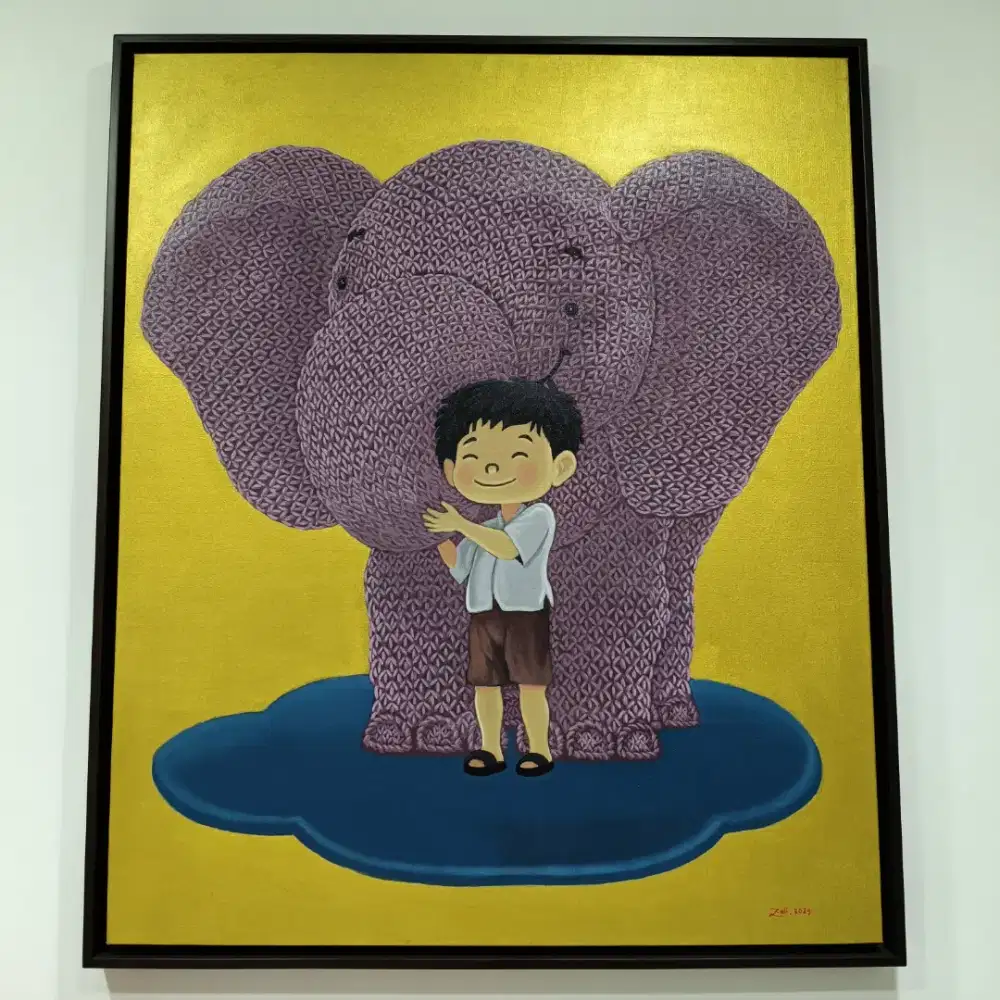 Lukisan animasi Gajah dan anak Ceria cartoon