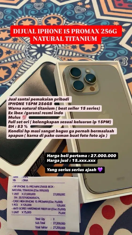 DI JUAL IPHONE 15 PROMAX  256gb ex IBOX ( pemakaian pribadi )