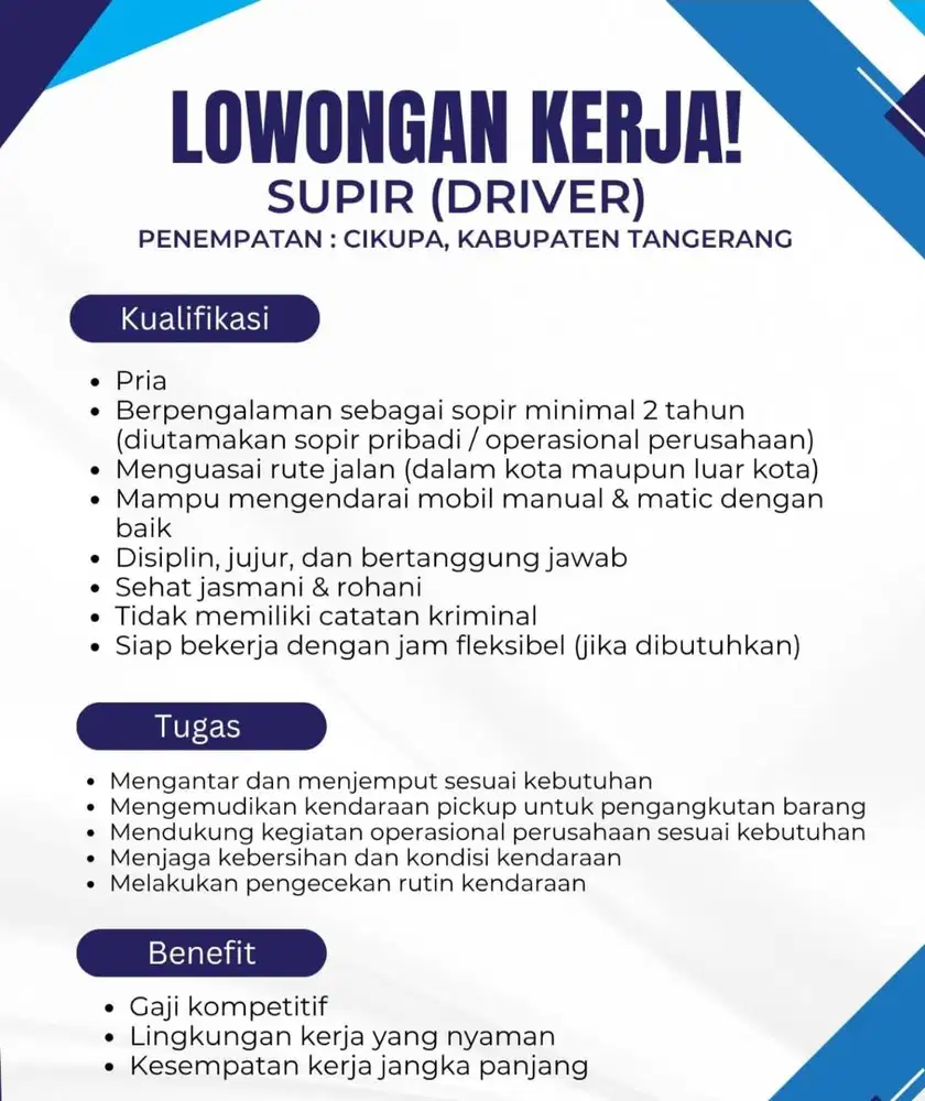 LOWONGAN KERJA DRIVER/SUPIR - Cikupa Kab, Tangerang