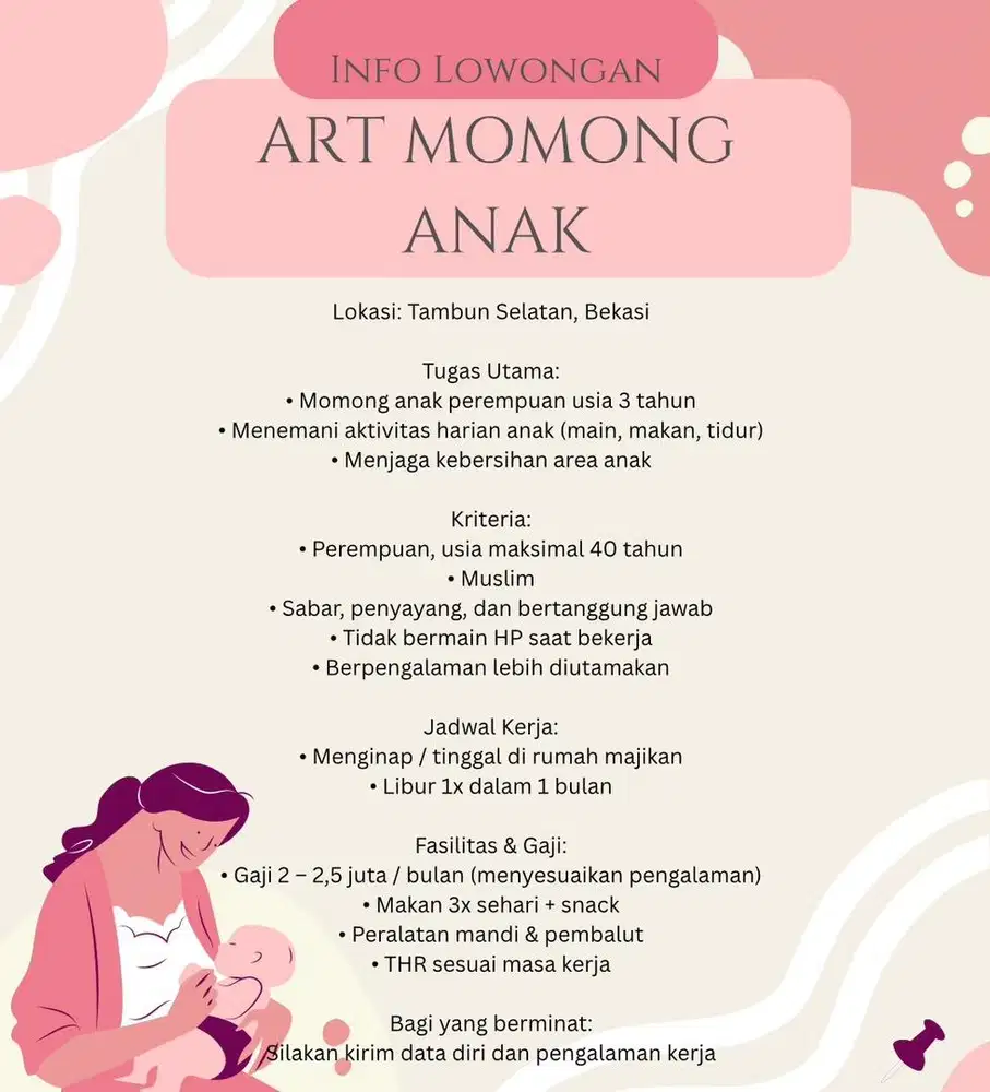 Dicari ART Momong Menginap area Bekasi (Gaji 2–2,5 Juta)