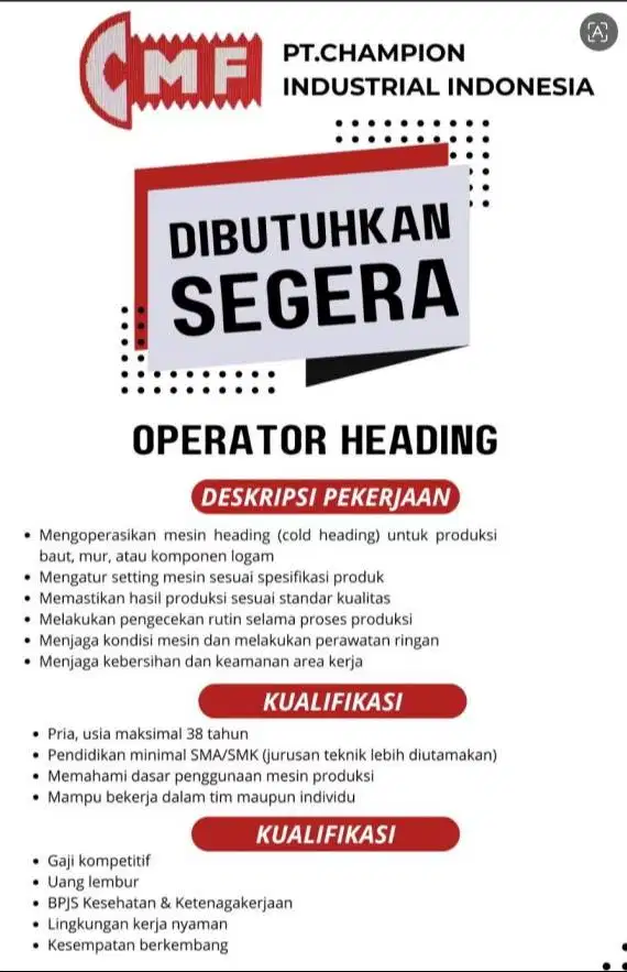 LOWONGAN KERJA Posisi: Operator Heading & ROLLING  (Pabrik Baut)