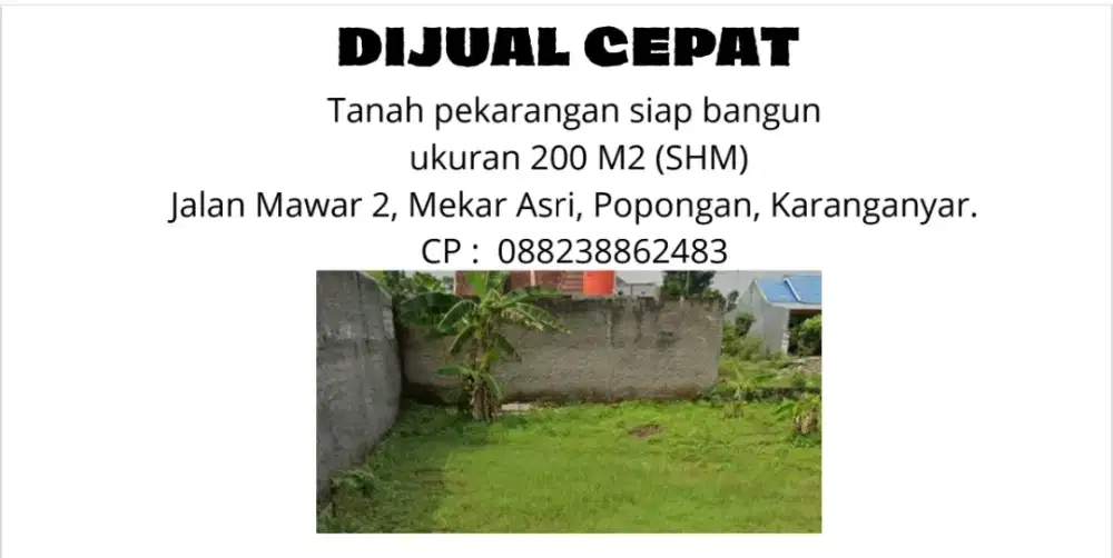 DI JUAL CEPAT  Tanah pekarangan siap bangun