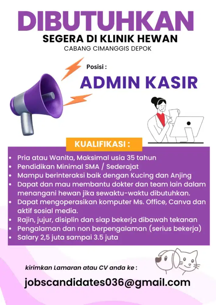 Lowongan kerja dokter hewan dan admin klinik hewan