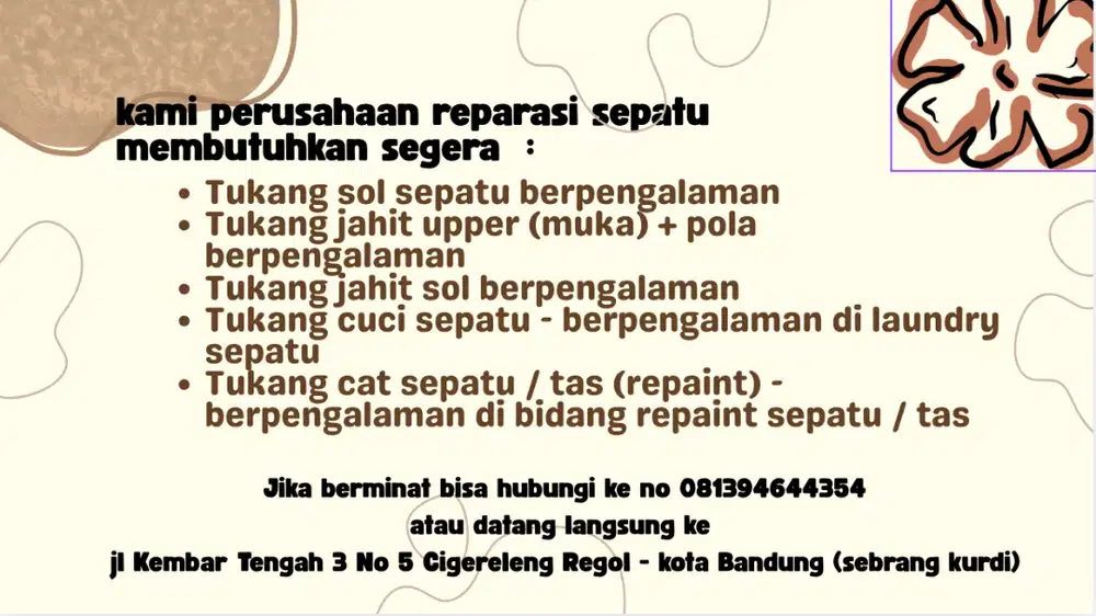 dibutuhkan Tukang sol berpengalaman