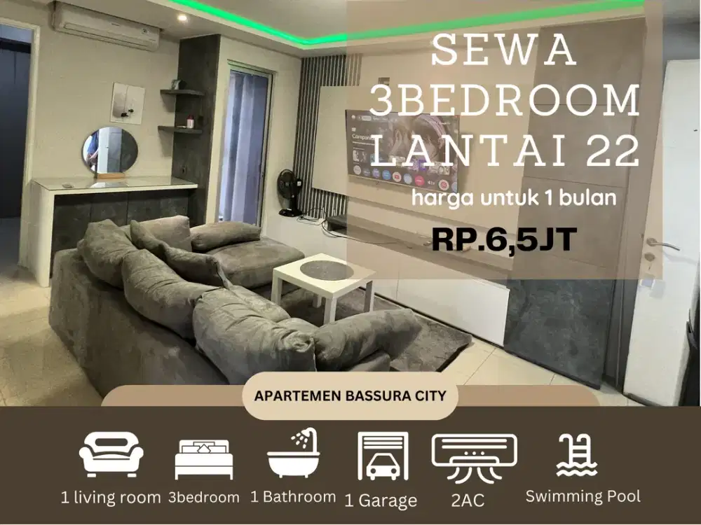 sewa 3kamar bulanan dekat mall full furnis apartemen bassura city