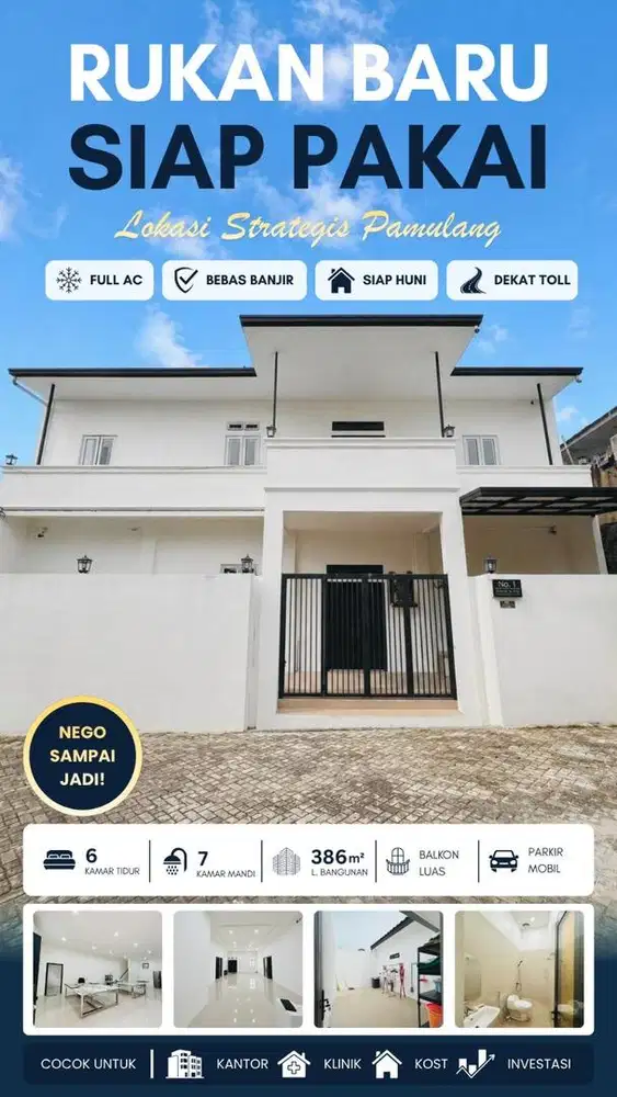 DIJUAL/ DISEWA BRAND NEW RUKAN 2 LT. FULL AC. SIAP HUNI. BEBAS BANJIR.