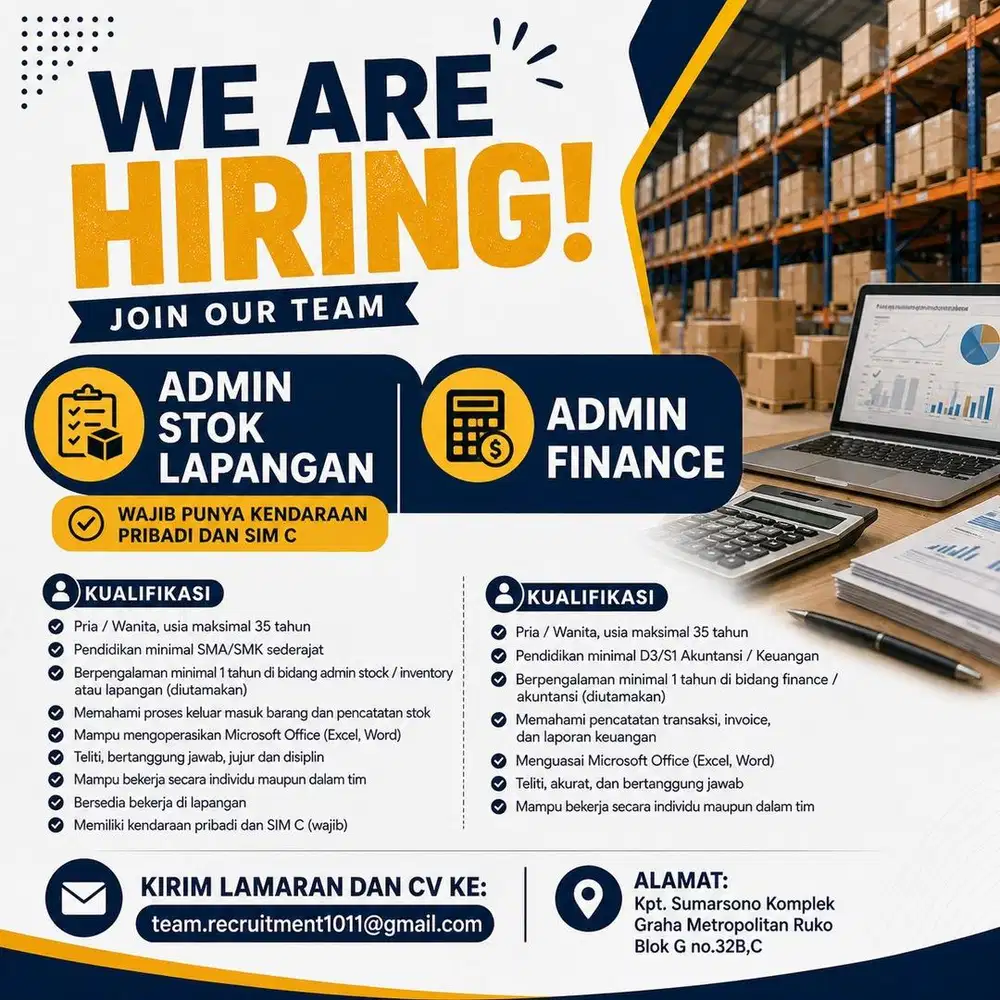DIBUTUHKAN SEGERA ADMIN STOK & ADMIN FINANCE