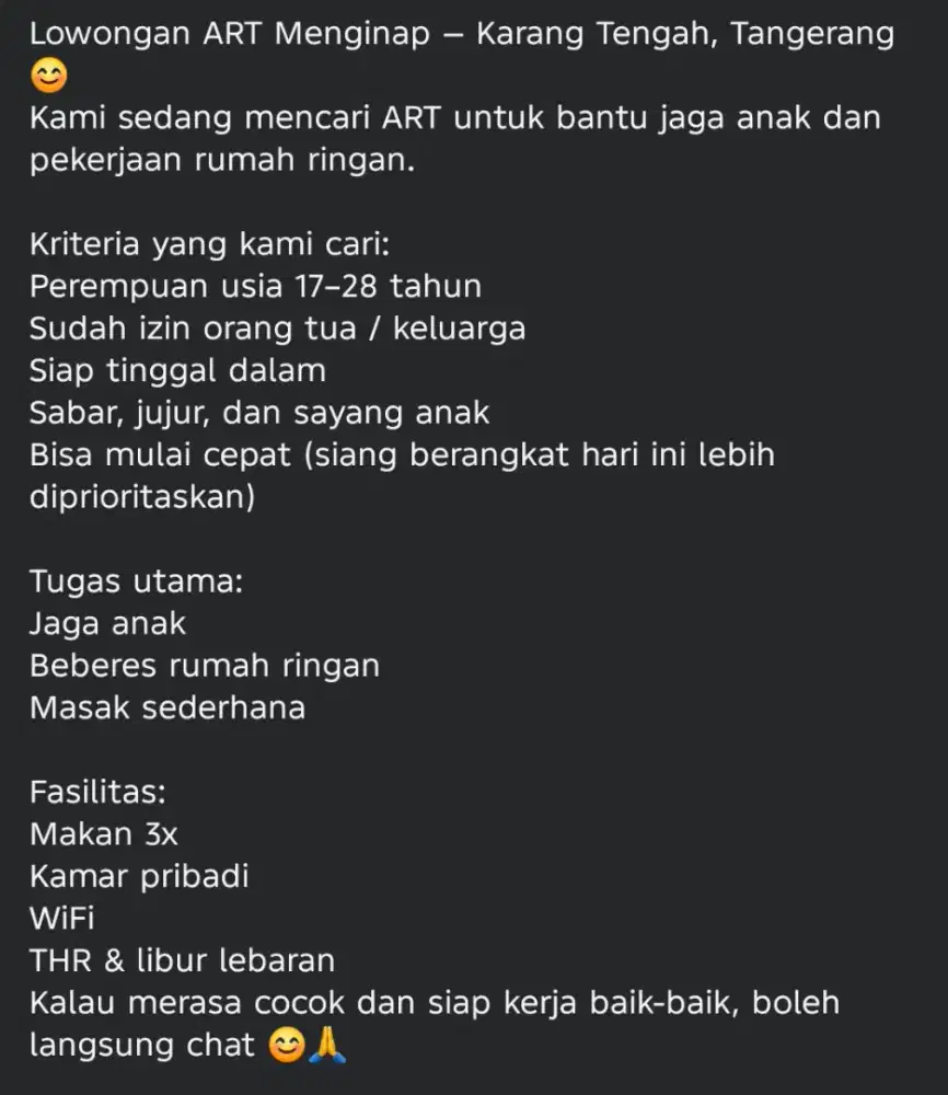 Lowongan ART Menginap — Karang Tengah