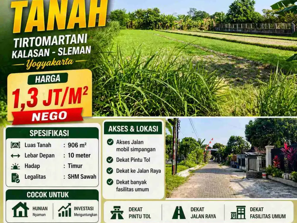 Tanah Luas 906m² Kalasan Sleman – Dekat Tol, Cocok Kavling & Investasi!