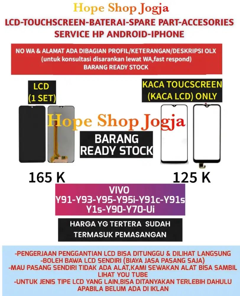 Touchscreen-Baterai-Lcd VIVO Y91-Y93-Y95-Y95i-Y91c-Y91s
Y1s-Y90-Y70-Ui