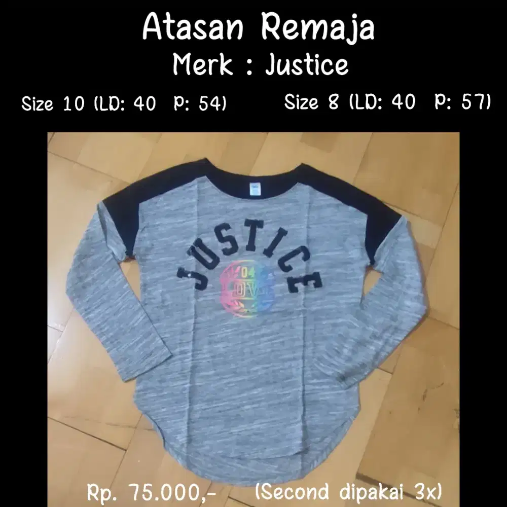 Kaos lengan 3/4 anak merk Justice