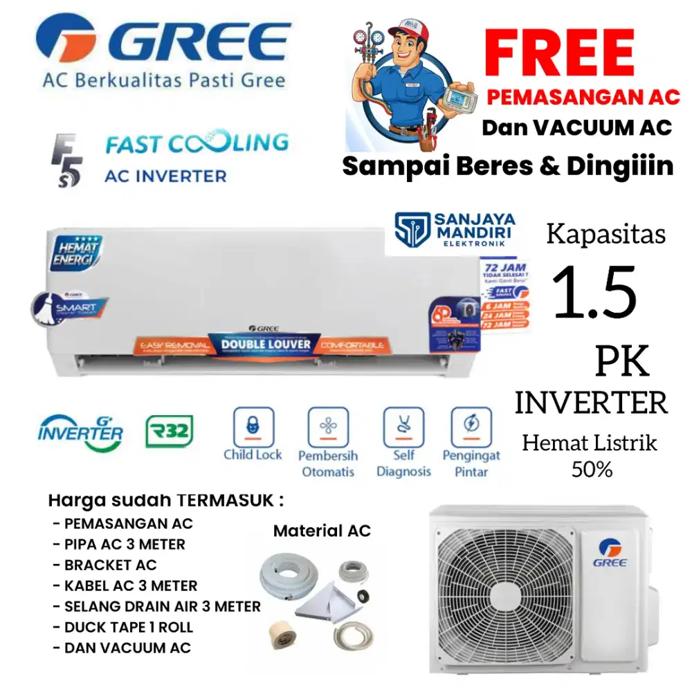 AC GREE 1.5 PK INVERTER GWC-12F5S Smart Cleaning hemat listrik 50%