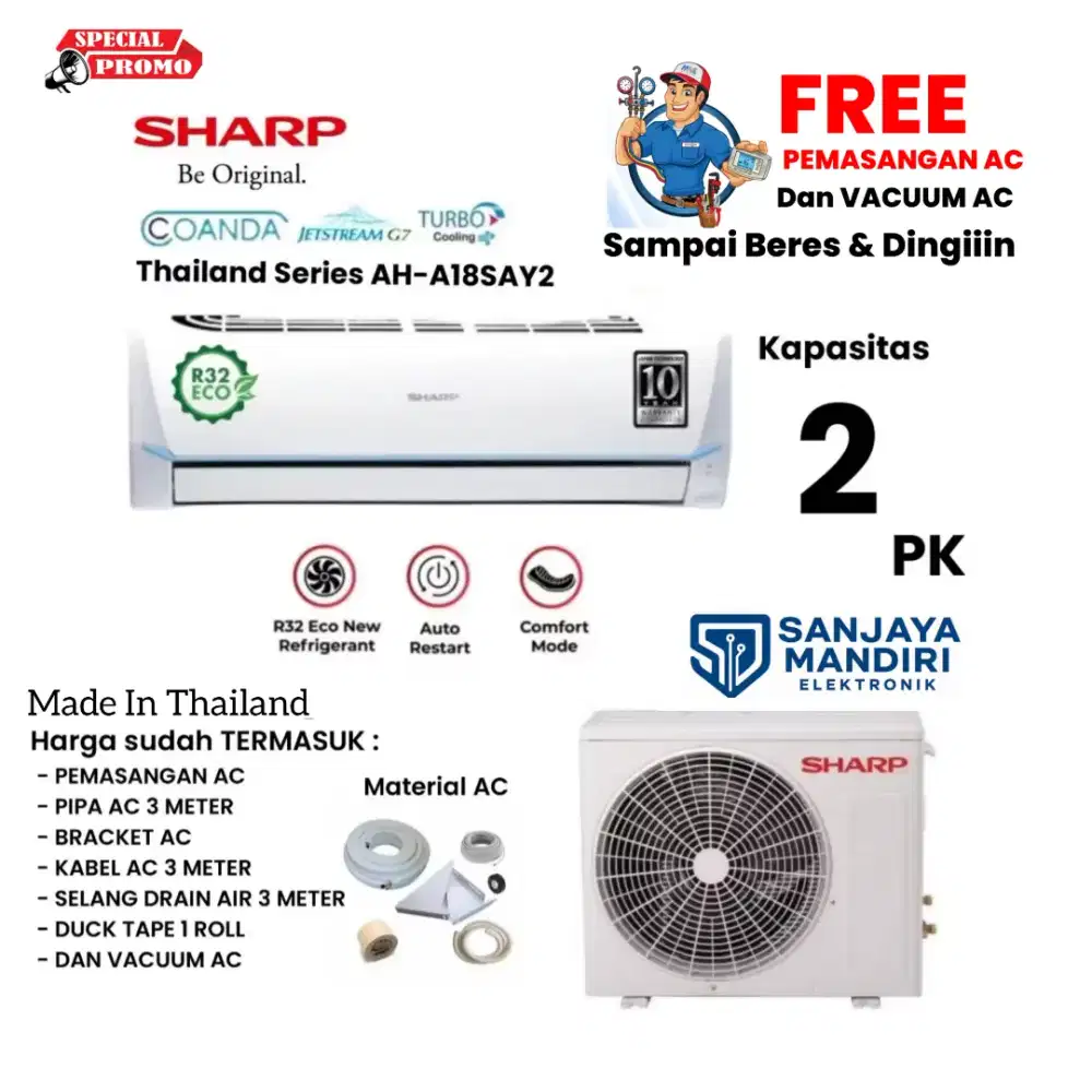 SHARP AC 2 PK Thailand AH-A18SAY2 Turbo Cool R32 Low Voltage JETSTREAM