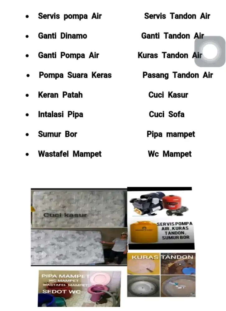 Servis pompa air, sumur bor , cuci kasur dan sofa