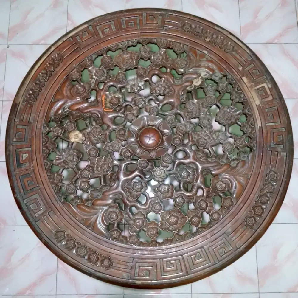 Meja Oshin Bulat Antik Jati Tua Asli Jepara Tahun 1985 + Bonus 1 Kursi