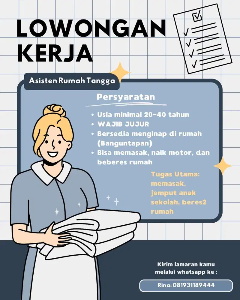 Dicari Asisten Rumah Tangga