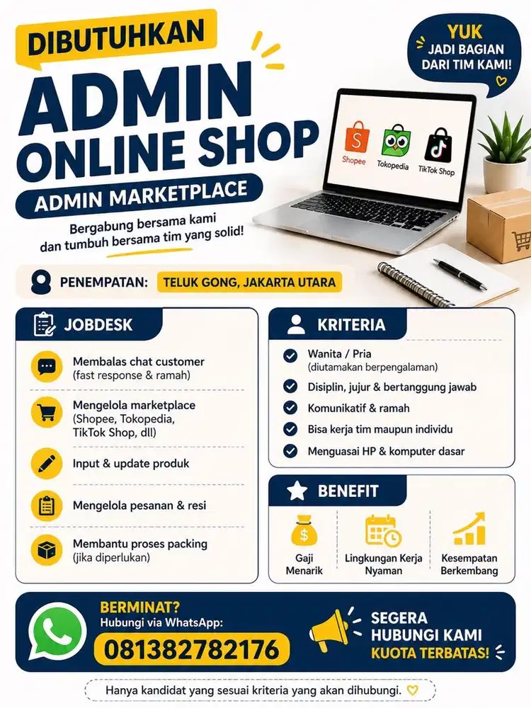 Lowongan Kerja Admin Online Shop / Admin Marketplace – Area Teluk Gong