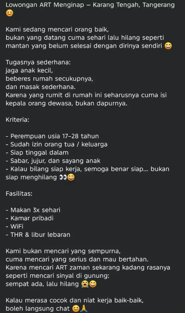 Lowongan ART Menginap — Karang Tengah