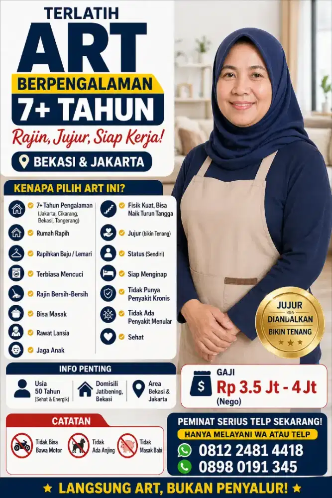 ART Jujur dan Berpengalaman Siap Kerja Asisten Rumah Tangga