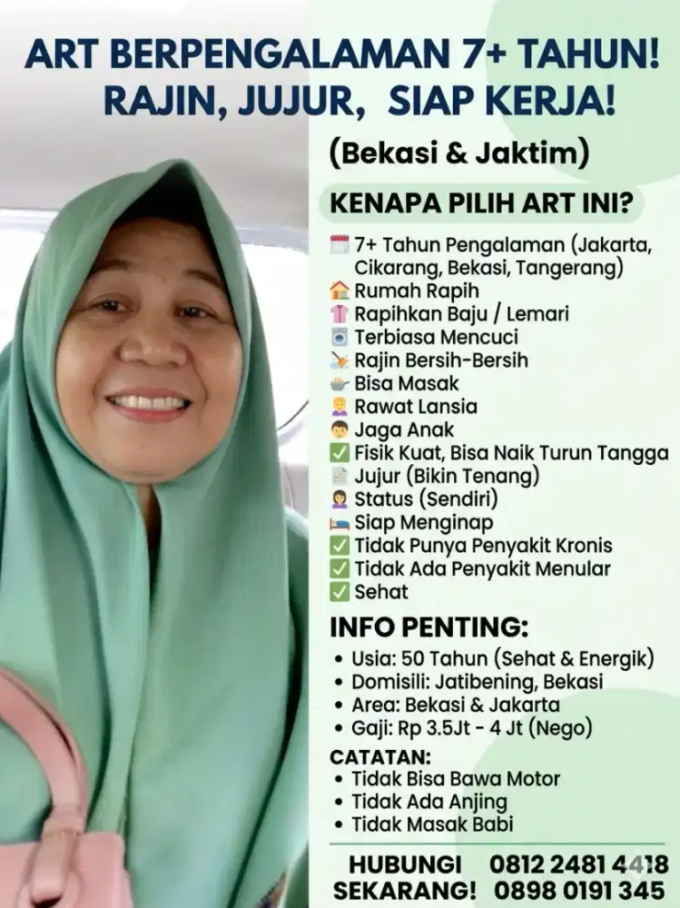 Asisten Rumah Tangga Berpengalaman Lebih dari 7 Tahun (ART) Jujur