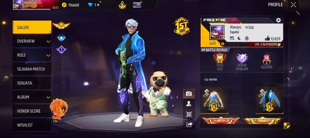 FS akun free fire lv 72 sg 3 rasa sg terompet sg tulang ayam sg ungu