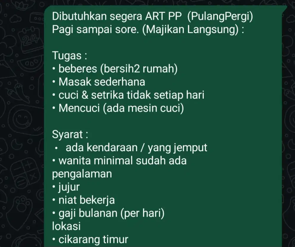 Lowongan Kerja ART Pulang Pergi (Harian)