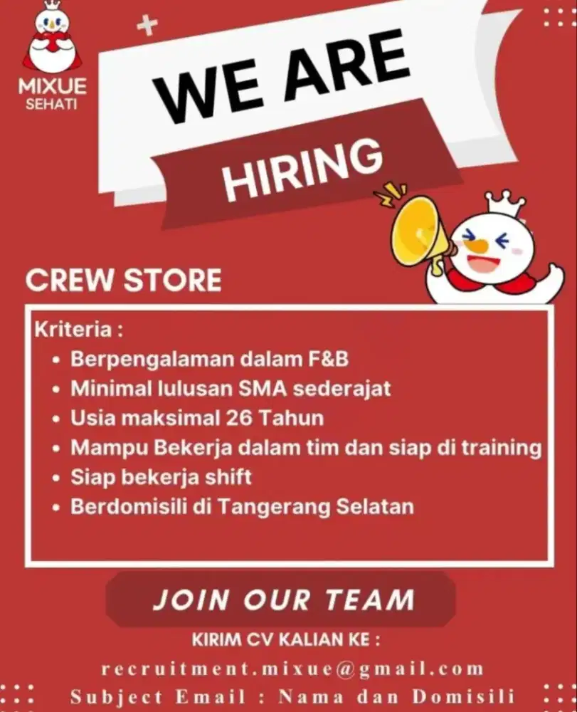 LOWONGAN KERJA MIXUE FULL TIME TANGERANG SELATAN