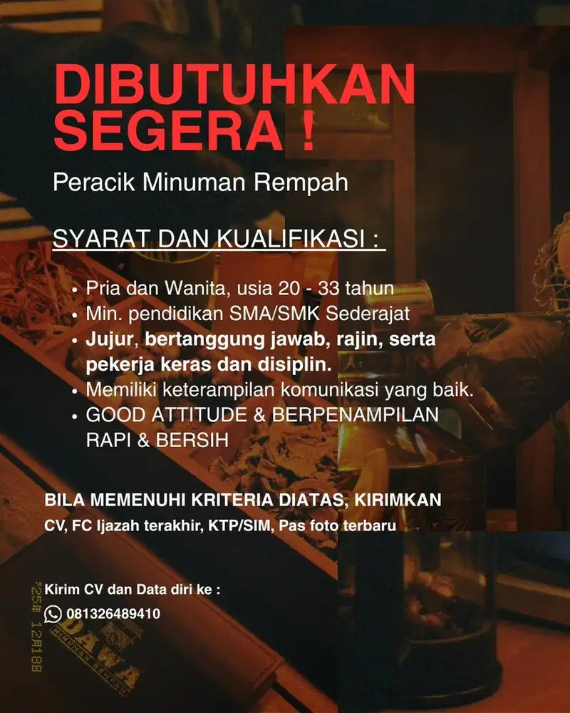 DIBUTUHKAN SEGERA PERACIK MINUMAN REMPAH