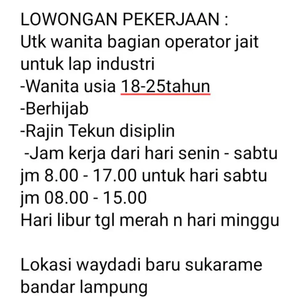 Lowongan kerja operator jait