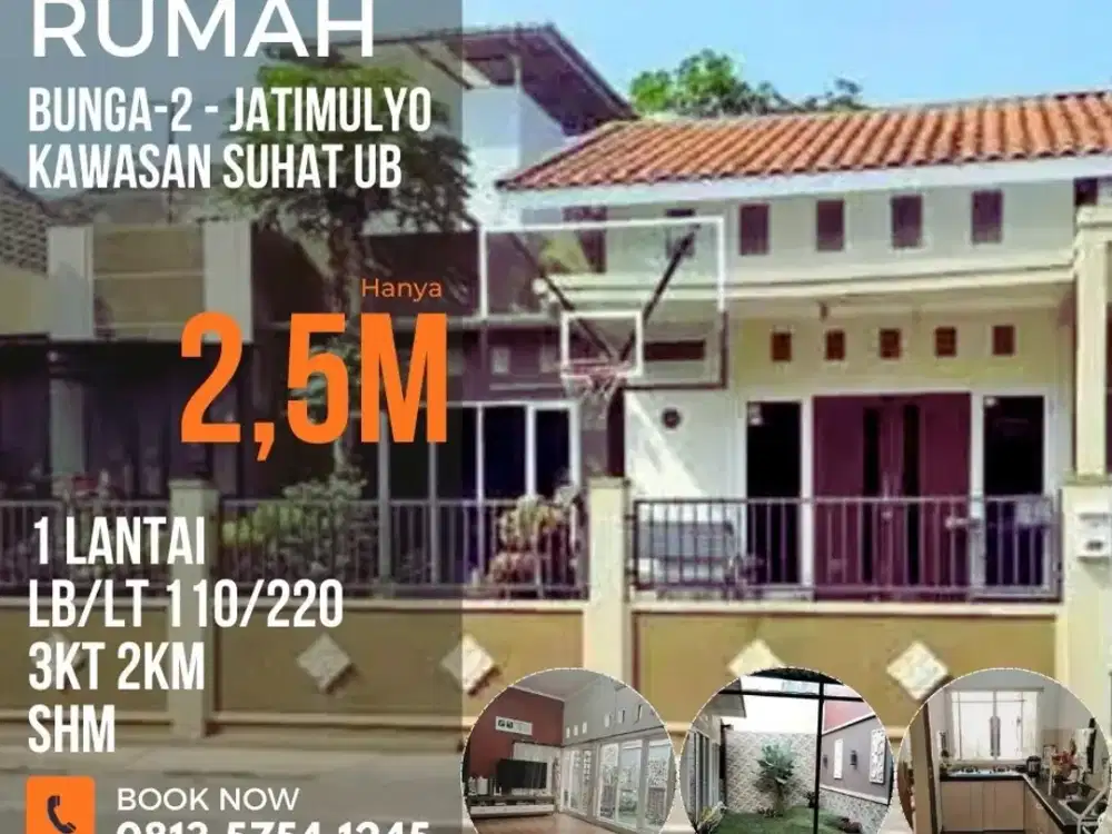 Rumah dijual di jatimulyo bunga-bunga 3KT LT220 2,5M kawasan UB Polinema