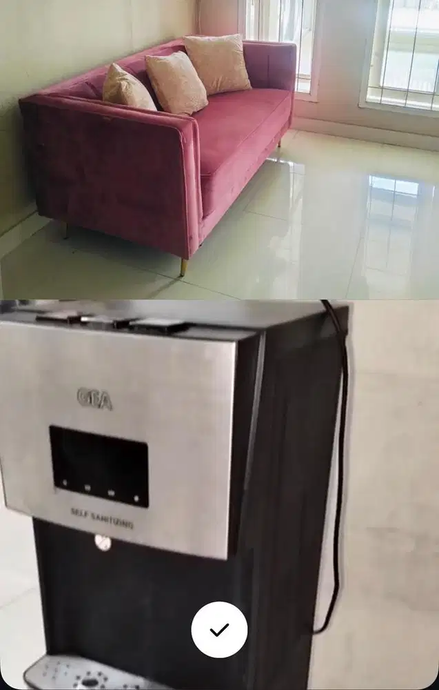 Di lelang Sofa Beludru Kondisi Mulus dan dispenser merek GeaHarga Nego