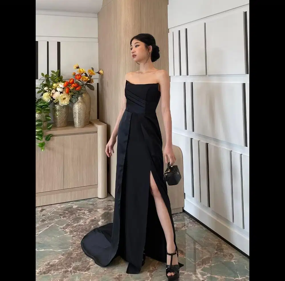 Dress Pesta (M) Gaun Kondangan Elegan Hitam Wanita. By Malikamodelano