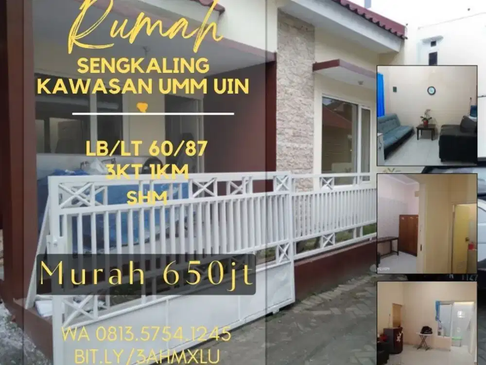 Rumah dijual mulyorejo wisata sengkaling UMM UIN Lt82 3Kt 650jt