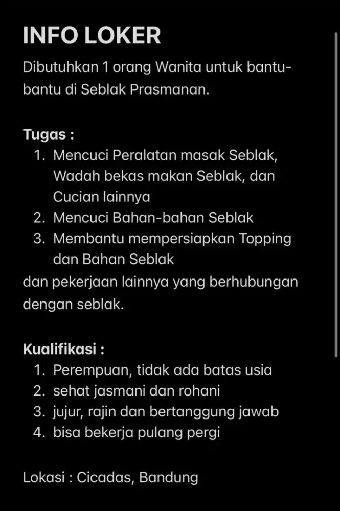 Lowongan Pekerjaan Seblak Prasmanan