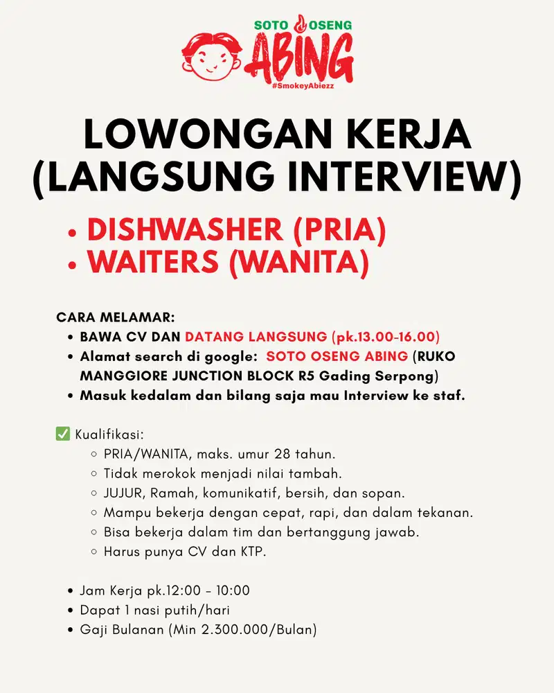 DIBUTUHKAN SEGERA KARYAWAN CUCI PIRING DAN WAITERS