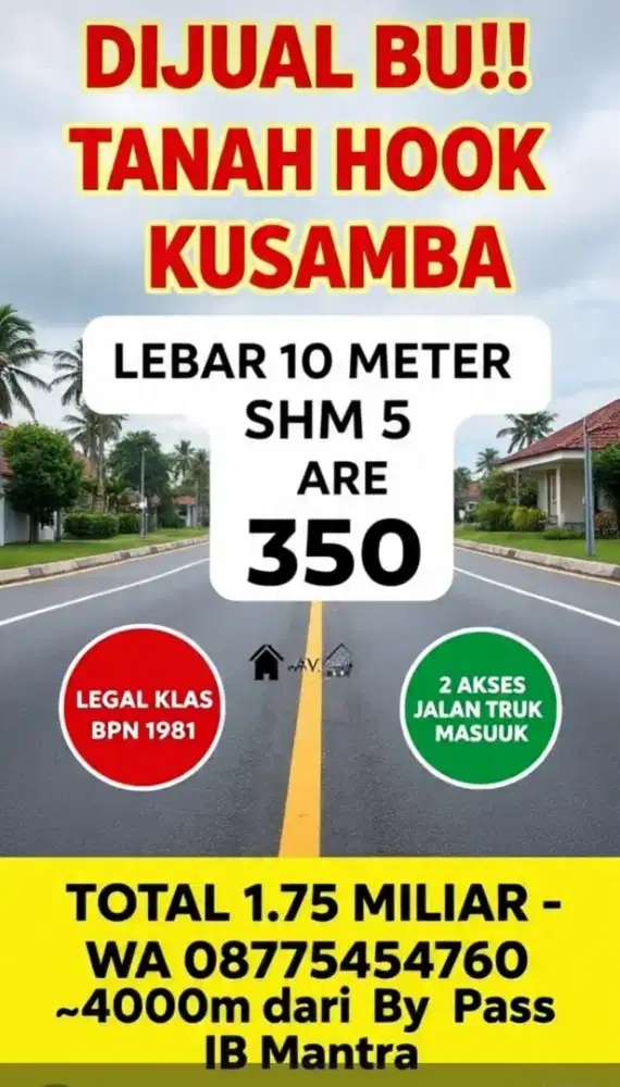 DIJUAL BU ‼️ TANAH HOOK 10M KUSAMBA 350JT/ARE
